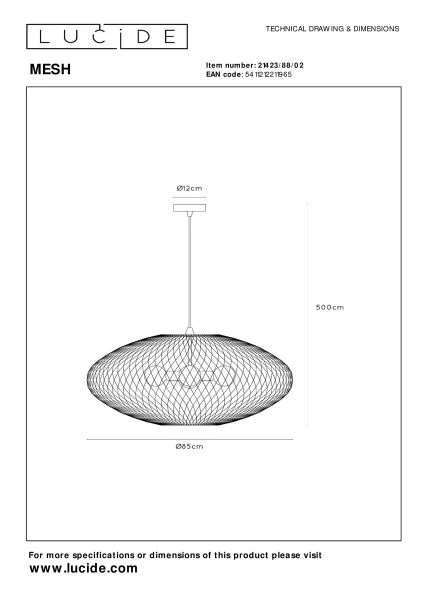 Lucide MESH - Hanglamp - Ø 85 cm - 3xE27 - Mat Goud / Messing - technisch